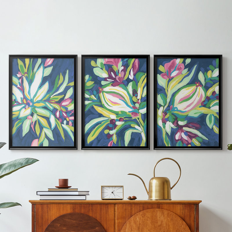 Blue Tropics I  -Custom Framed  Wrapped Gallery Canvas - 3 Pieces, Black