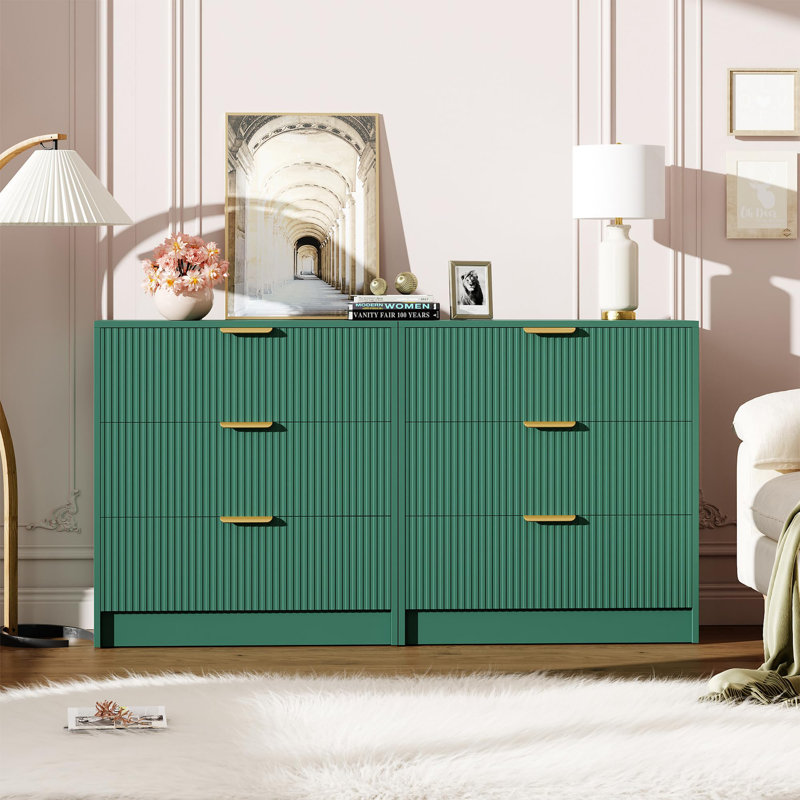 Commode moderne cannelée à 3 tiroirs, table de chevet verticale de 76 cm de haut avec poignées en métal, meuble de rangement multifonctionnel pour chambre, salon et entrée, vert