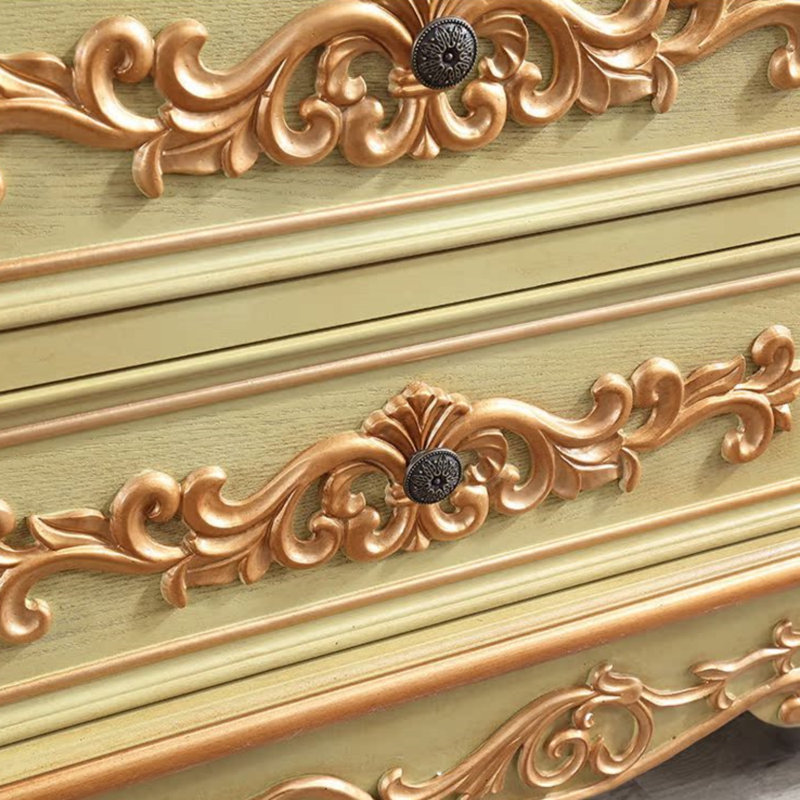 Commode décorative sculptée en bois massif à sept tiroirs, Jaune
