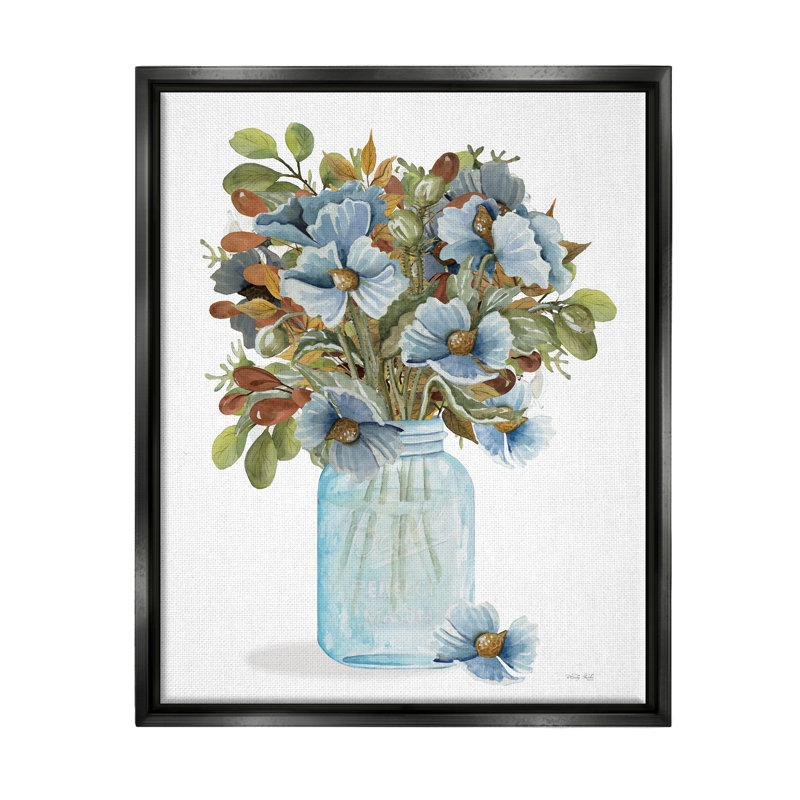 «Blue Blooming Floral Bouquet Floater», art mural par Cindy Jacobs, Cadre flottant noir de jais, H 21 po x l 17 po x P 1,7 po