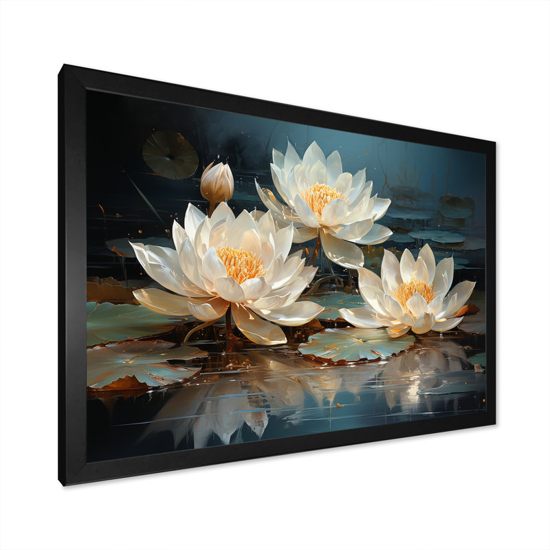Fleurs de lotus baignées au clair de lune - Art sur toile de lotus, H 30 po x l 40 po x P 1,5 po, Cadre simple noir