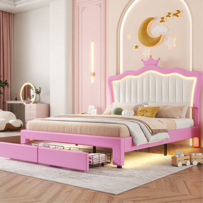 Lit rembourré moderne avec rangement et DEL, pleine grandeur, lumières DEL roses et blanches,