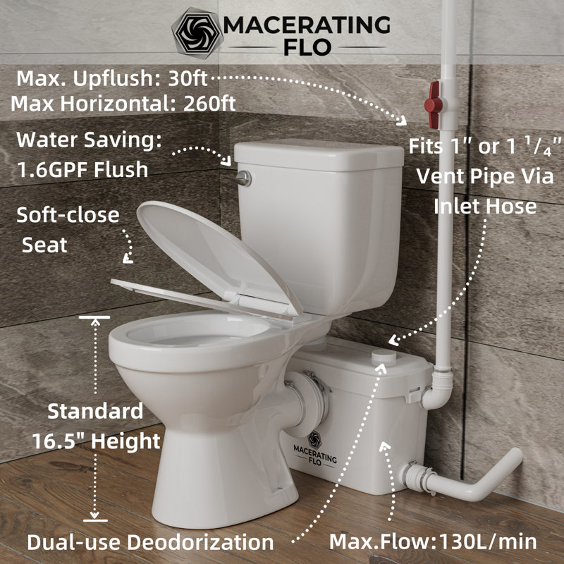 Toilette à montage vertical 600 W pour sous-sol MaceratingFlo, cuvette 16,5 po, deux tuyaux d'extension inclus