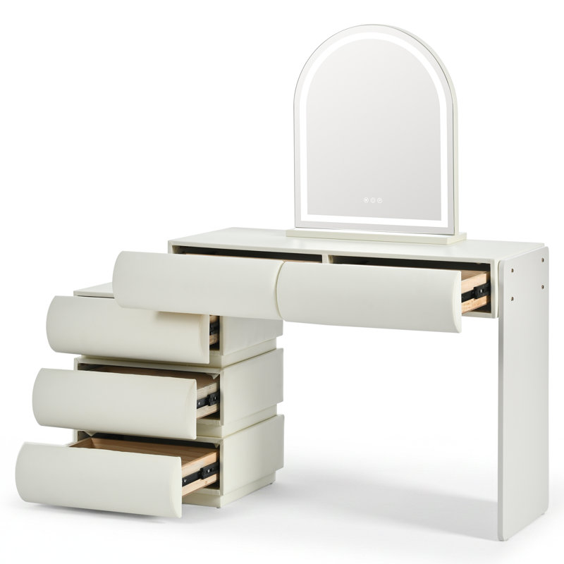 Meuble-lavabo moderne en cuir reconstitué 2 en 1 avec miroir à DEL et 5 tiroirs Vexlyn