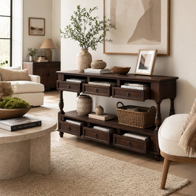Console à 2 niveaux en bois massif avec 6 tiroirs spacieux et tablette ouverte, table d'appoint robuste pour vestibule de vestibule avec capacité de poids élevée, mobilier de rangement multifonctionnel
