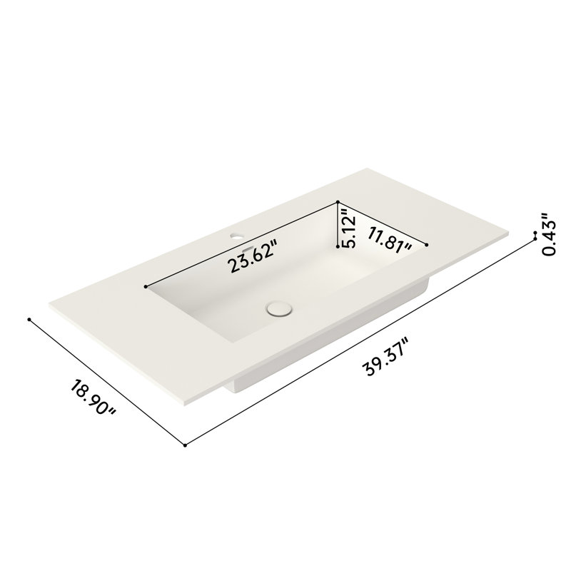 Lavabo de meuble-lavabo à surface solide en pierre de pierre pour salle de bain, blanc mat, 40,14 po de profondeur, 19,25 de largeur, 6,62 de hauteur, 27,85 lb, idéal pour toutes les conceptions de salle de bain, décoloration, options de montage flexibles,