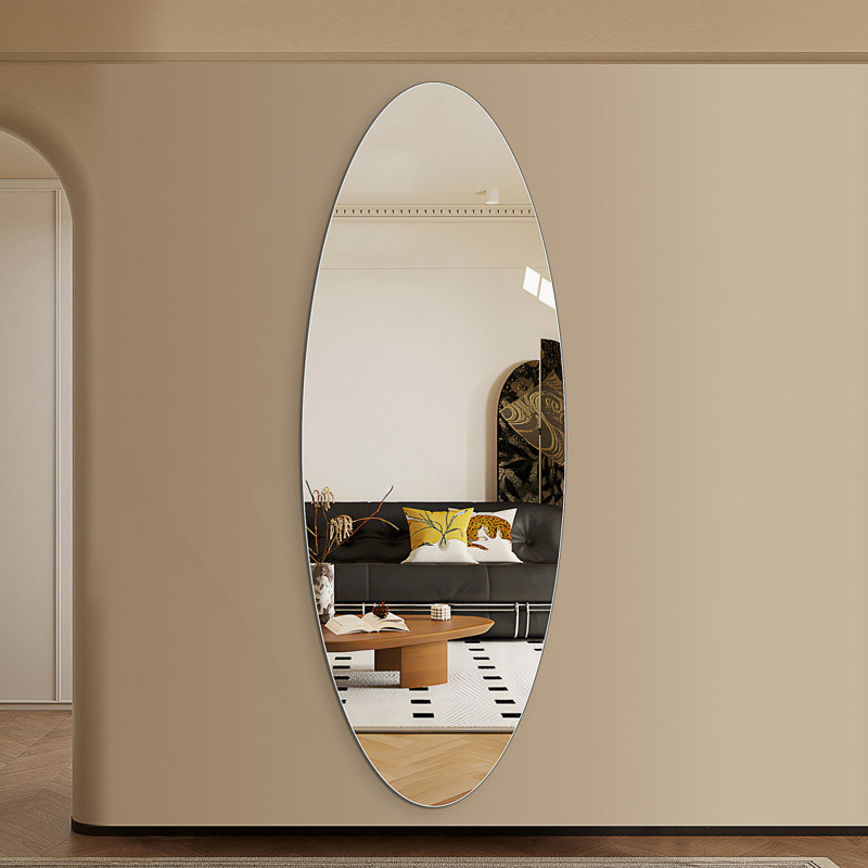 63" X 24" Modern Oval Full Length Wall Mirror, HD Copper-Free Silver Glass, Shatterproof & Moisture-Resistant, Vertical Hanging Or Adhesive Mount, Bedroom & Salon