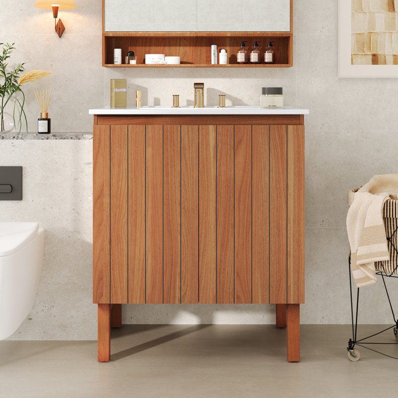 Meuble-lavabo moderne 30 po avec lavabo en céramique, meuble-lavabo minimaliste rétro, portes à poignée libre 45 degrés, meuble-lavabo à rayures verticales avec grand espace de rangement, naturel