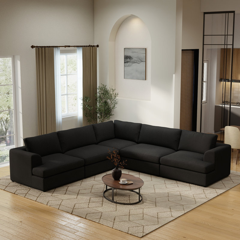Canapé modulaire rembourré 5 pièces Akshata, Tissu noir / noir