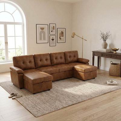 55" W Modern Tufted Convertible Sectional Sofa with Pull-Out Sleeper Bed Dual Storage Chaises and Padded Armrests