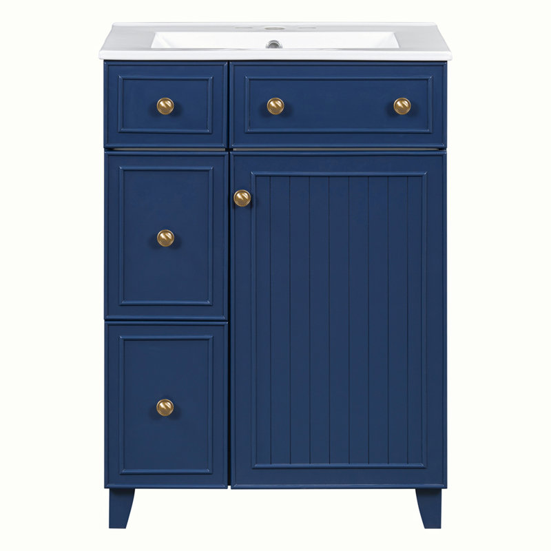 Bathroom Vanity Cabinet with Ceramic Sink and 2 Drawers, Blue, Gold