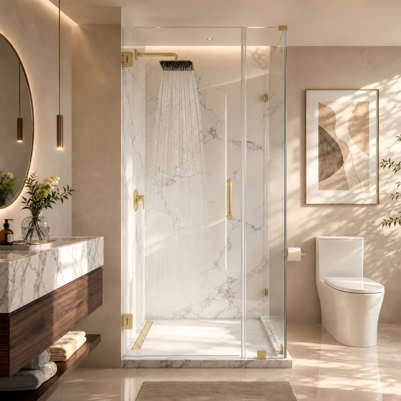 Cabine de douche d'angle à charnières murales sans cadre Nirvana, 89 cm L x 89 cm P x 203 cm H, verre clair facile à nettoyer de 10 mm d'épaisseur, finition or brossé