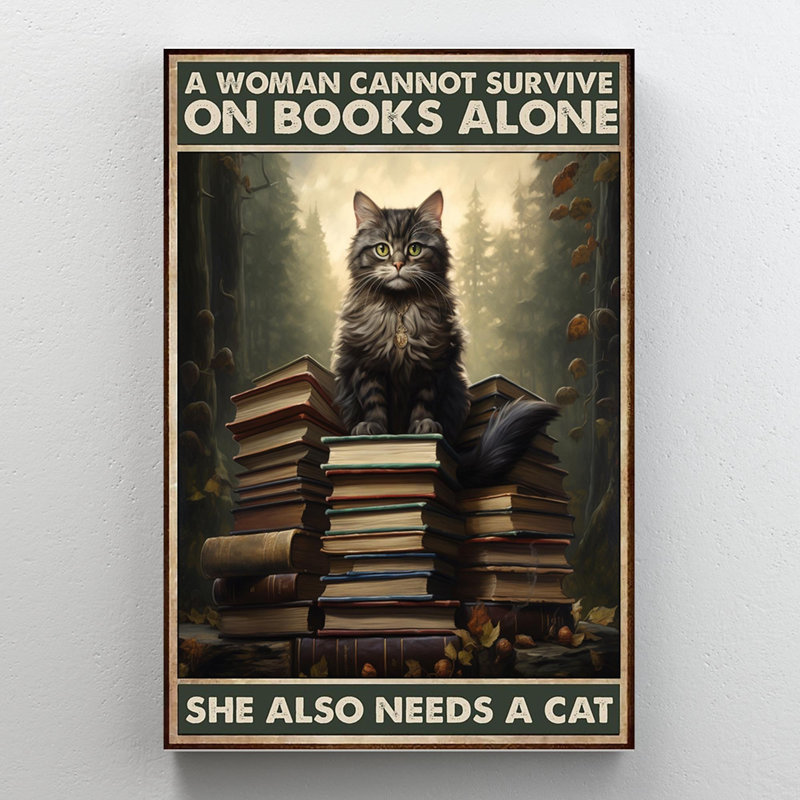 Sur les livres, elle a aussi besoin d'un chat - Rectangle sur les livres, elle a aussi besoin d'un chat, impression sur toile