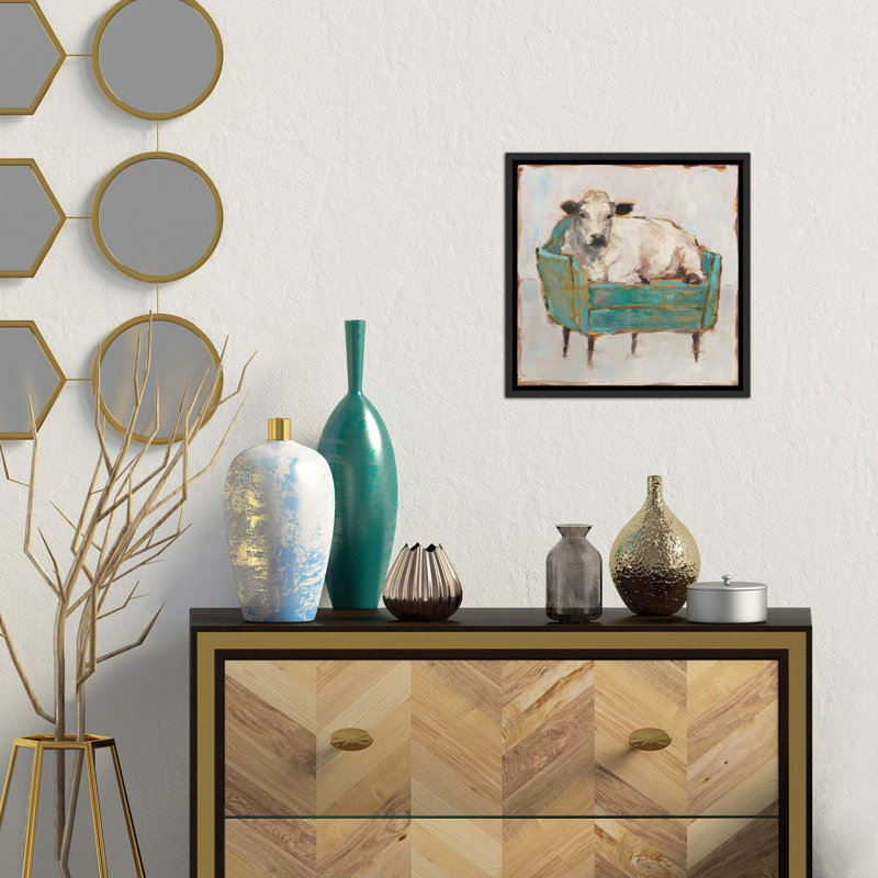 «Moo-ving in I» par Ethan Harper - Peinture, H 26 po x l 26 po x P 1,5 po, Toile avec cadre noir patiné