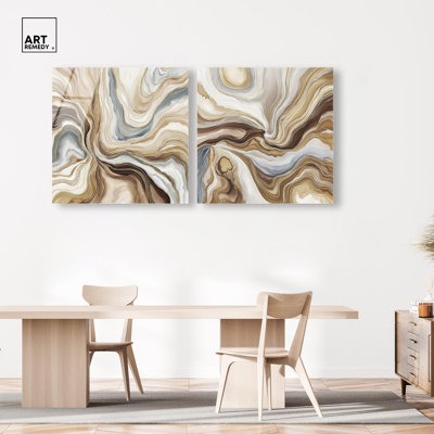 Viscous Flow Diptych Acrylic Print Gold Boho Wall Art Set by Art Remedy, Ready to Hang, 12 x 12