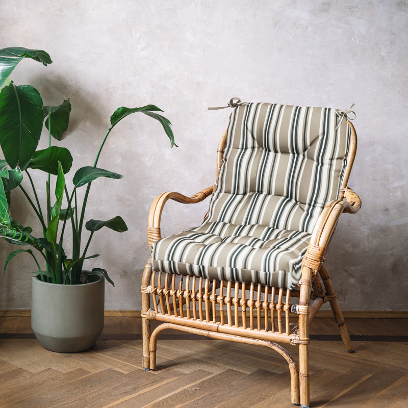 2 Piece 4" Thick Chair Cushion Indoor and Outdoor Seat / Back Cushions with Straps, Beige Stripes