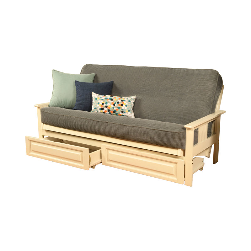 Stratford Full 79" Futon Frame and Mattress with Drawer Set, Marmont Thunder Polyester, Antique White