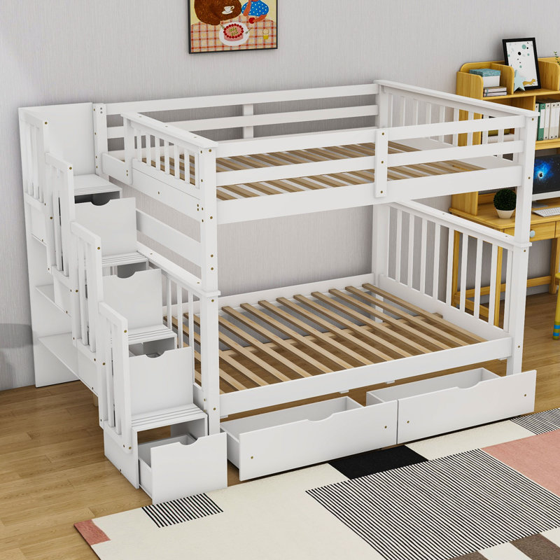 Lit superposé double en bois avec escalier intégré, tablettes et tiroirs de rangement, Blanc
