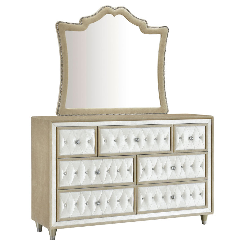 Commode large Lino avec miroir à bordure rivetée, velours capitonné ivoire