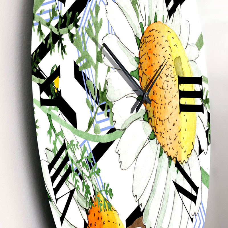 Wild Spring Chamomile Flowers On Geometric - Traditional Wall Clock, 23" H x 23" W x 1" D