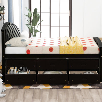 Lit simple, 6 tiroirs, structure en pin de haute qualité, 10 lattes, sécuritaire et confortable