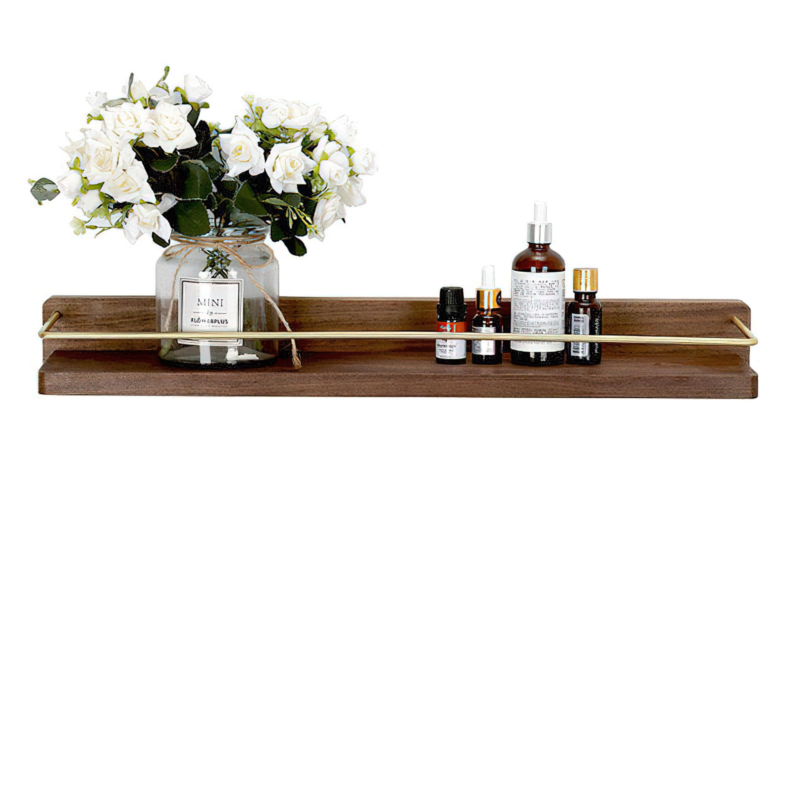 Dandre Modern Brass Wooden Shelf, 3.2" H x 12" W x 5.6" D, Walnut