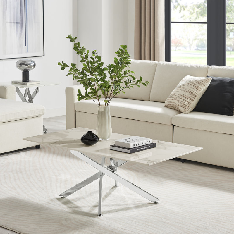 Lenworth Marble Effect Coffee Table - Glass Topped Metal Leg Centre Table, White, Silver