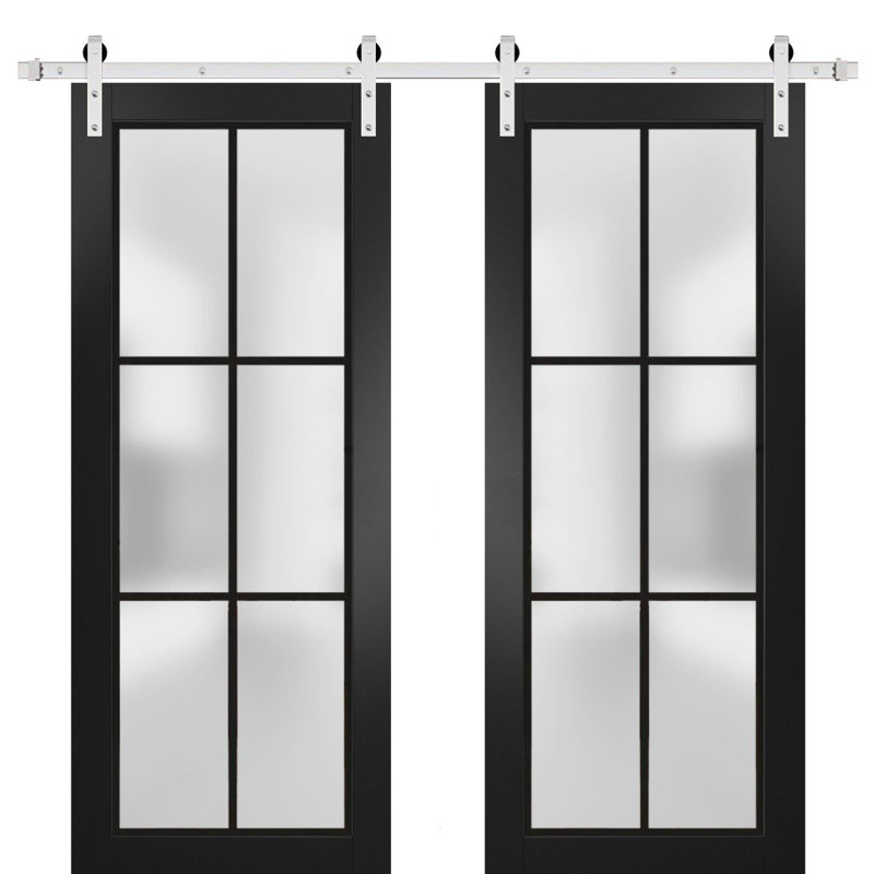 Porte de grange double robuste avec verre givré | Planum 2122 | Ensemble de cintres en métal argentés 13 pi | Portes intérieures modernes à panneau massif - Rail argenté