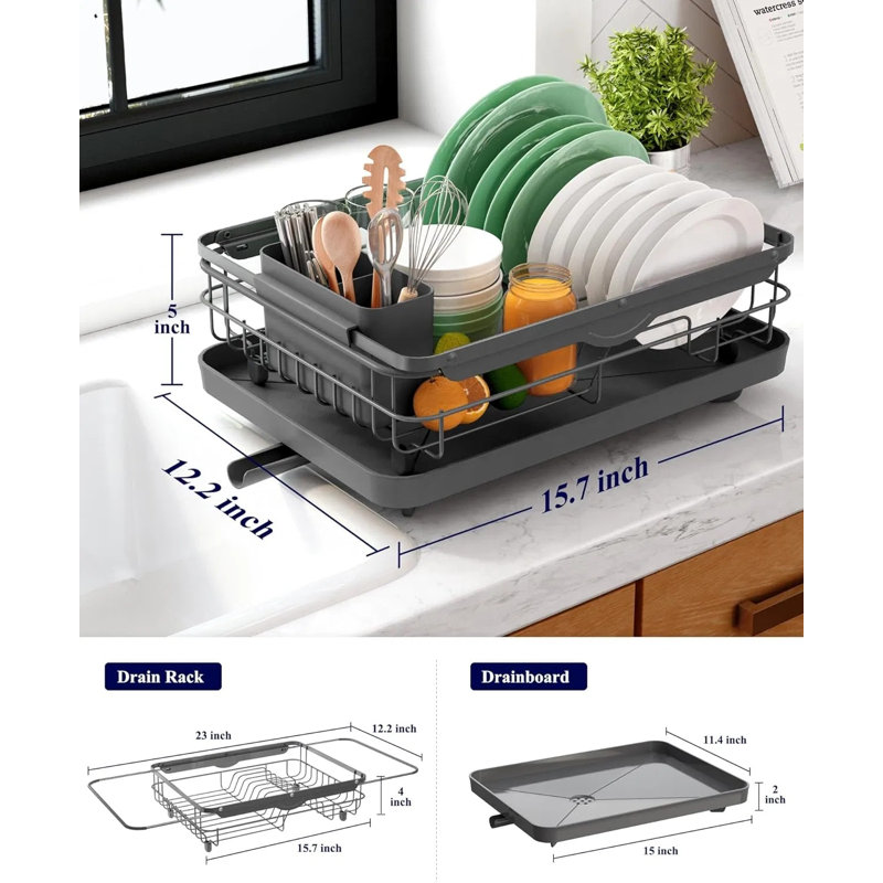 Égouttoir à vaisselle extensible pour comptoir de cuisine - Organisateur d'évier en acier inoxydable avec porte-couverts, longueur réglable de 15,7 po à 23 po, égouttoir antirouille, peu encombrant