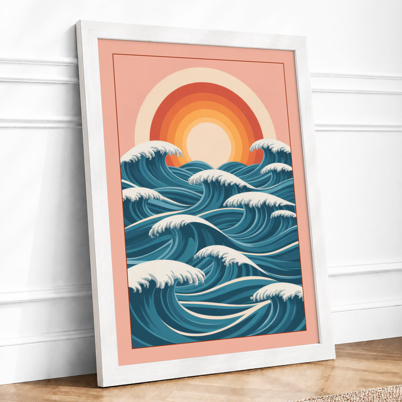 Sun Over Waves Coastal - Framed Print, A4 - 29.7 x 21.0 cm, White