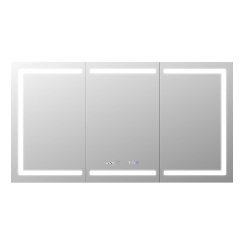 Armoire à pharmacie intelligente à DEL avec prise de courant haute puissance intégrée, 66 po x 36 po, antibuée, gradation continue, conception intégrée, rangement multifonctionnel pour la salle de bain