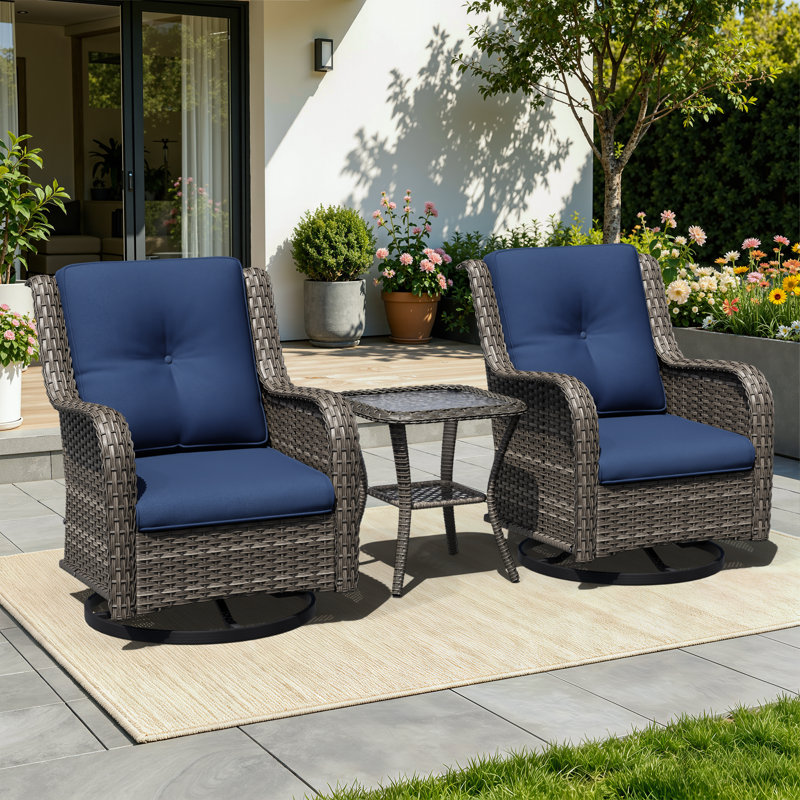 Ensemble de chaises berçantes pivotantes en osier 3 pièces avec coussins, Bleu