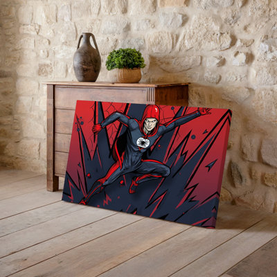 Canvas A Dynamic Superhero Figure In Mid Leap Clad In A Wall Art Sleek Black And Red Costume Featuring A Prominent Spider Emblem Canvas Wall Art