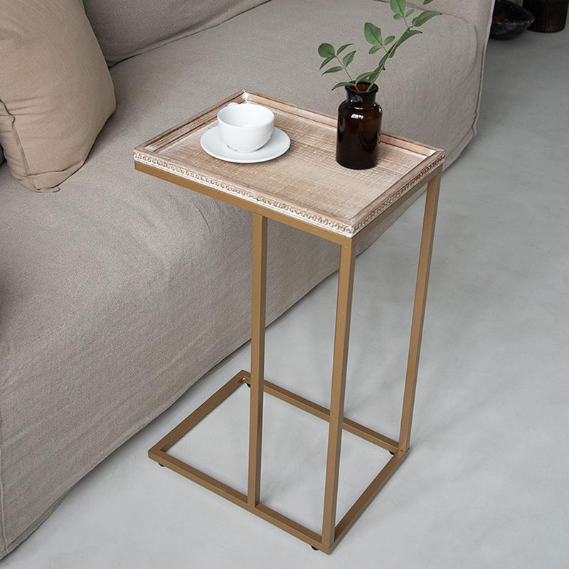 Farmhouse C Table Couch End Table Distressed Beaded Edge Tray Top Side Table, Gold
