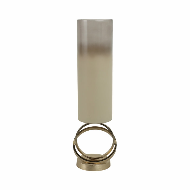 Contemporary Glass and Aluminum Pillar Holder with Sculptural Metal Ring Base for Decorative Accent Display