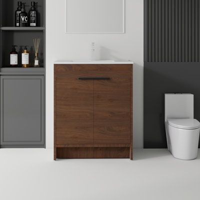 Meuble-lavabo autoportant de 91 cm (36 po) avec lavabo, armoire en contreplaqué, portes à fermeture amortie, lavabo en céramique avec trop-plein, marron