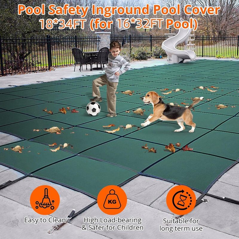 Pool Safety Inground Pool Cover for 16x32ft Pool with Centre Steps,Installation Tools,Ultra-Dense Safety Pool Cover 18x34ft for Inground Pools