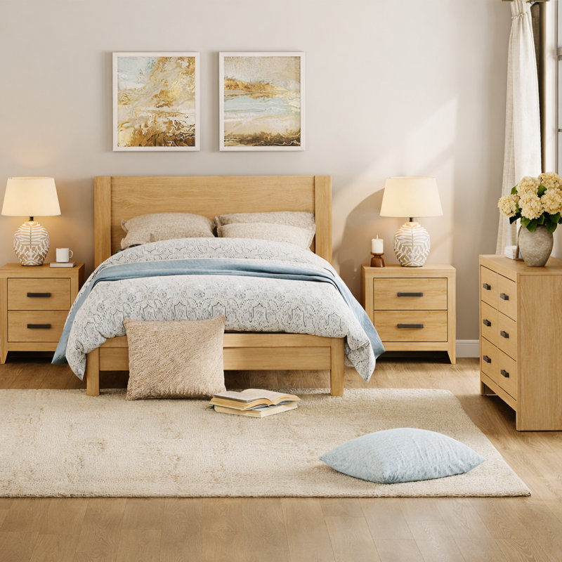 Ensemble de commode et table de chevet 3 pièces pour chambre à coucher, Chêne