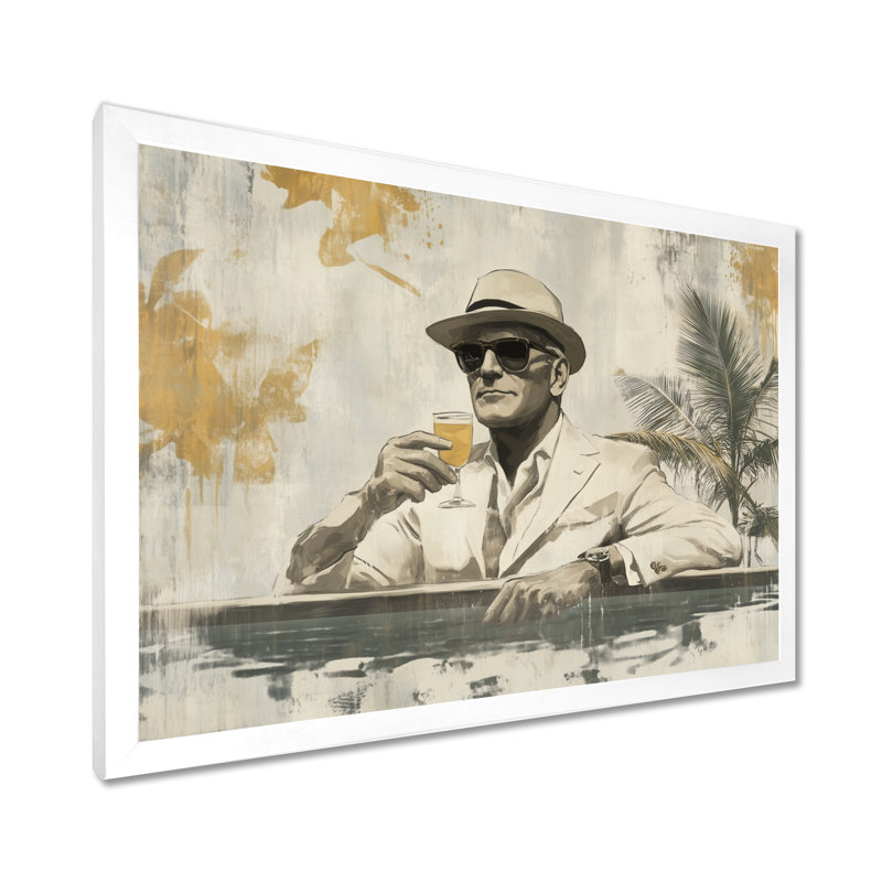 Homme au bord de la piscine - Impression sur toile encadrée de style vintage, H 30 po x l 40 po, Cadre photo blanc
