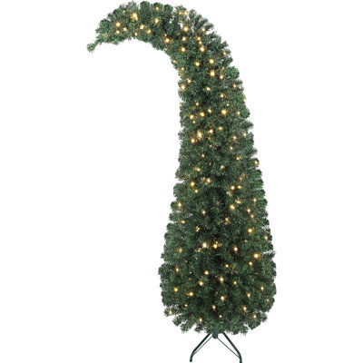 6 Ft Prelit Bent Top Christmas Tree, Whimsical Xmas Tree Slim High Mountain Fir With 200 Leds And Metal Stand