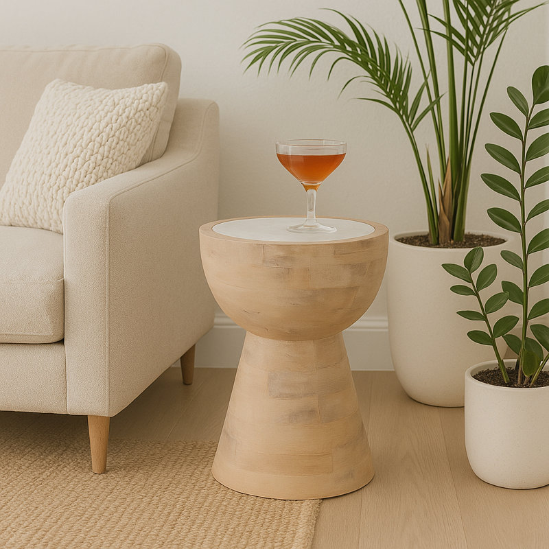 Mango Wood and Marble Accent Table - Modern Sculptural Side Table, Natural, White