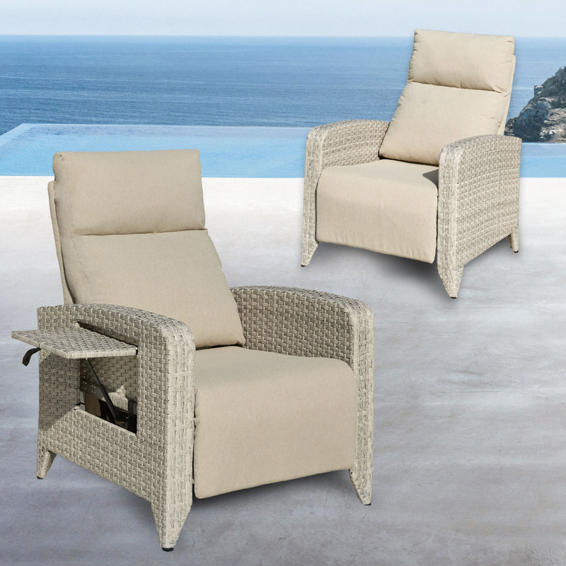 Dasai Wicker Outdoor Recliner Chair with Table, Beige, Gray