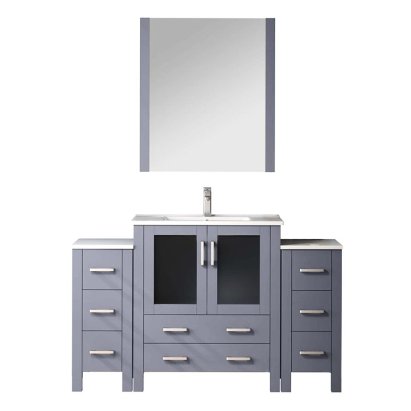54 po W Gris foncé pour salle de bain avec armoires latérales, comptoir en céramique, robinet et miroir mural de 28 po
