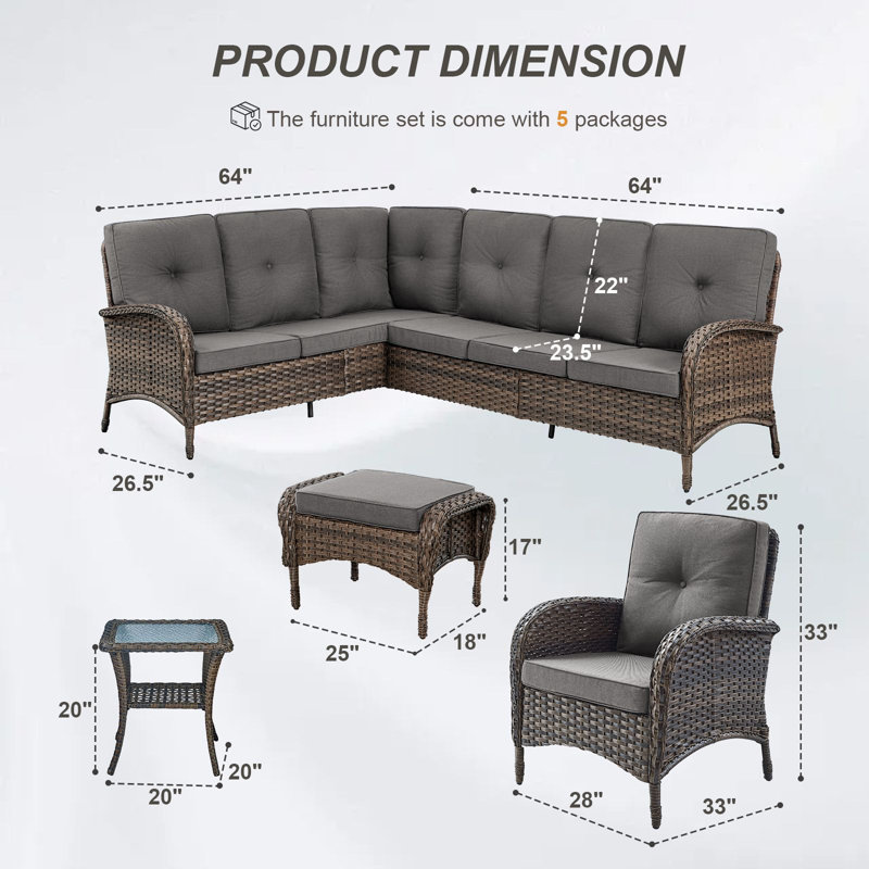  Ensemble de canapé modulaire d'extérieur en forme de L avec chaises de patio, repose-pieds et table d'appoint Valierius