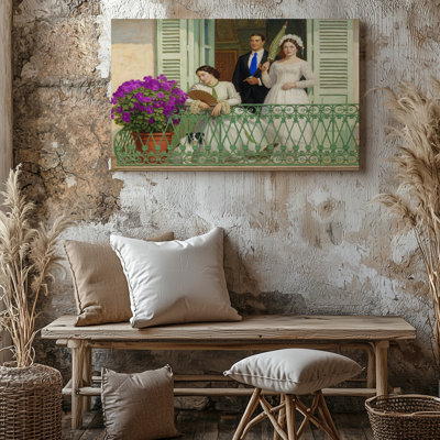 Romantic Victorian Balcony Scene Elegant Vintage Portrait Canvas Wall Art Print For Living Room, Bedroom, Office, Hallway, Entryway, Gallery Wall And