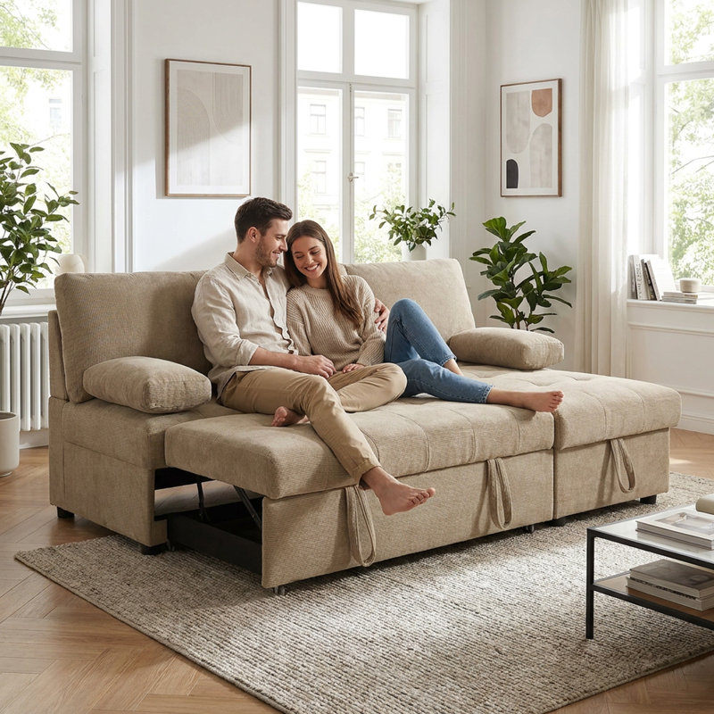 Canapé 3 places moderne de 195 cm (77 po) avec rangement intégré, assise profonde et coussins de dossier amovibles, beige, pour salon