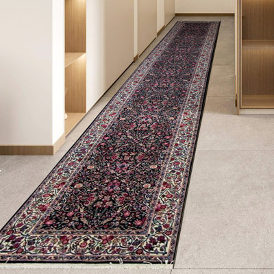 Tapis de couloir vert et ivoire noué à la main de haute qualité