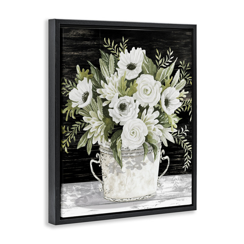 «White Flowers Country Tin» par Cindy Jacobs, Cadre flottant noir de jais, H 21 po x l 17 po
