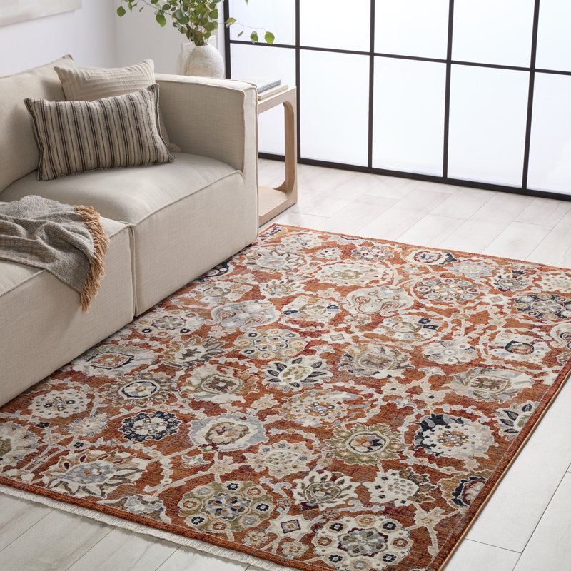 Tapis floral en polypropylène tissé à la machine en orange / crème Daltry, Rectangle de 10 pi x 14 pi