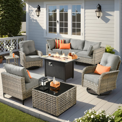 6 Seats High Quality Pe Rattan Outdoor Furniture Sofa With Rocking Chair And Stove, Can Be Freely Combined by Lark Manor